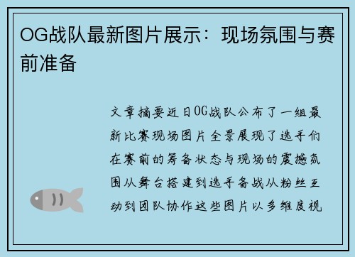 OG战队最新图片展示：现场氛围与赛前准备